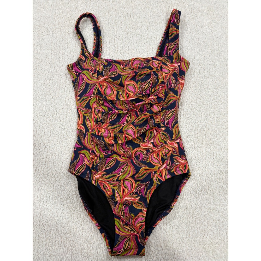 Garnet‎ Hill Floral One Piece Swimsuit Navy Orange Multicolor Square Neck Size 2